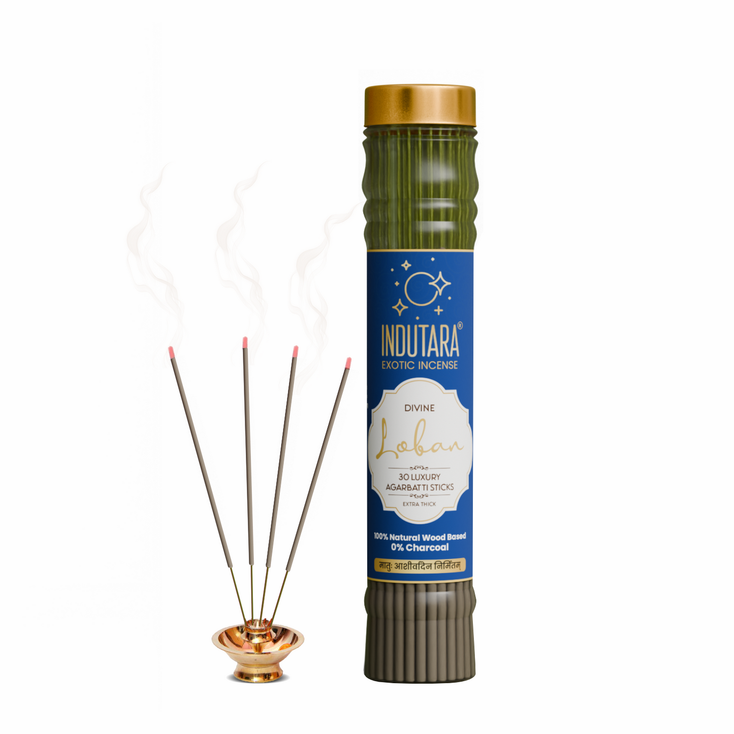 Indutara Premium Pure Oudh, Calming Sandalwood, Kasturi Musk, Refreshing Moondrops, Divine Loban Incense Sticks - Made from Natural Wood, Charcoal Free, No Artificial Colors (Set of 5)