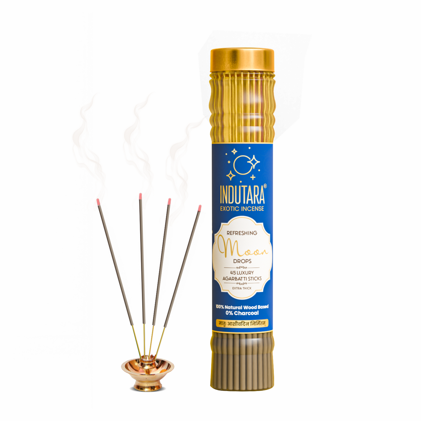 Indutara Premium Pure Oudh, Calming Sandalwood, Kasturi Musk, Refreshing Moondrops, Divine Loban Incense Sticks - Made from Natural Wood, Charcoal Free, No Artificial Colors (Set of 5)