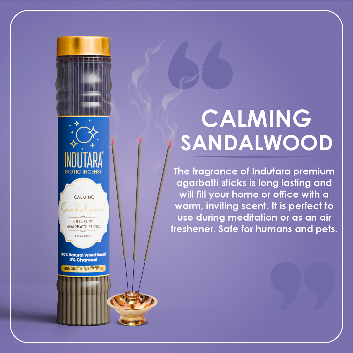 Indutara Premium Calming Sandalwood Made from Natural Wood, Charcoal Free, No Artificial Colors (Set of 1)