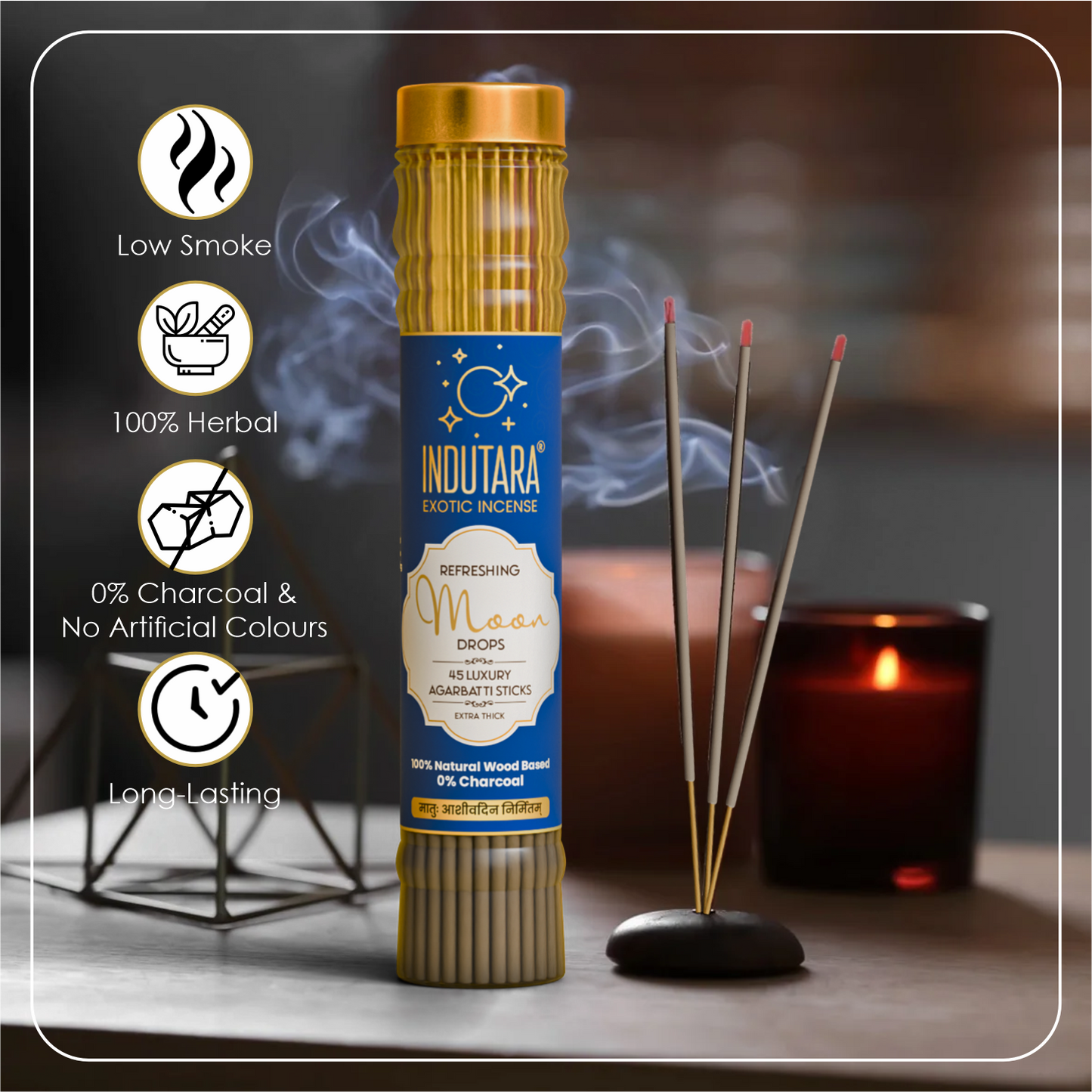 Indutara Premium Pure Oudh, Calming Sandalwood, Kasturi Musk, Refreshing Moondrops, Divine Loban Incense Sticks - Made from Natural Wood, Charcoal Free, No Artificial Colors (Set of 5)