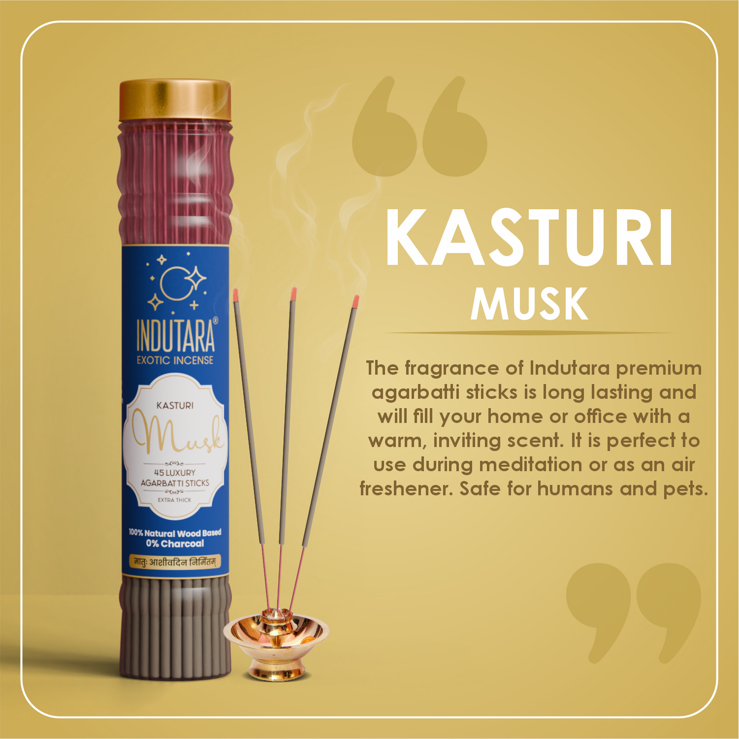 Indutara Premium Pure Oudh, Kasturi Musk, Divine Loban Incense Sticks - Made from Natural Wood, Charcoal Free, No Artificial Colors (Set of 3)