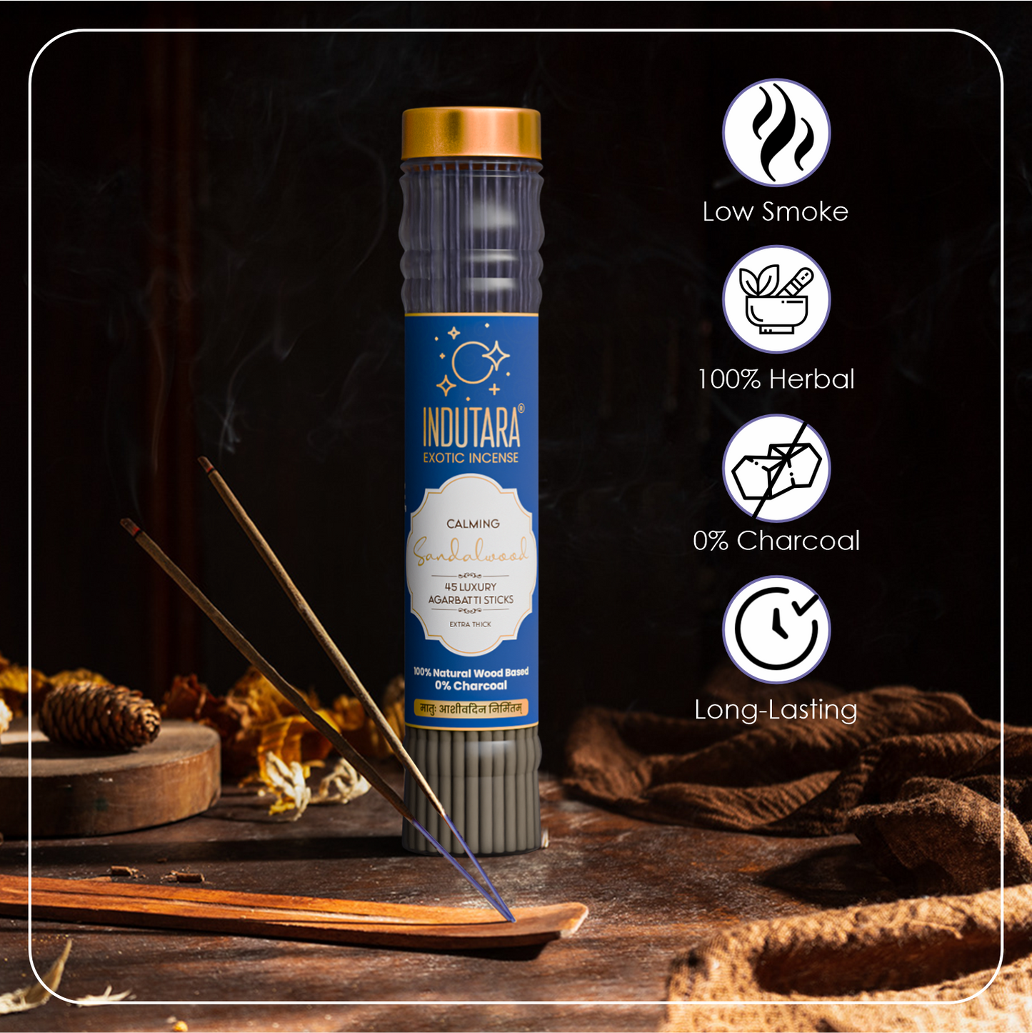 Indutara Premium Agarbatti Calming Sandalwood - Made from Natural Wood, Charcoal Free, No Artificial Colours - Set of 3