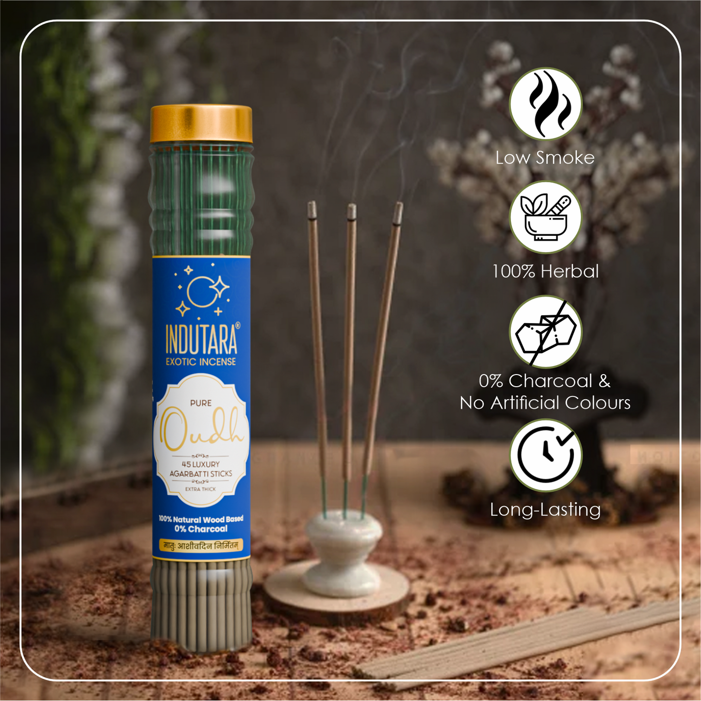 Indutara Premium Pure Oudh, Calming Sandalwood, Refreshing Moondrops Incense Sticks - Made from Natural Wood, Charcoal Free, No Artificial Colors (Set of 3)