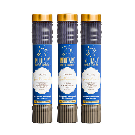 Indutara Premium Agarbatti Calming Sandalwood - Made from Natural Wood, Charcoal Free, No Artificial Colours - Set of 3